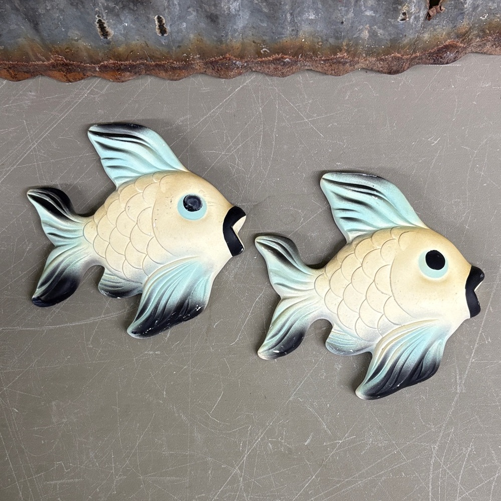 Chalkware Fish Plaque Set 1950s Aqua Blue Color 2 PCs Vintage